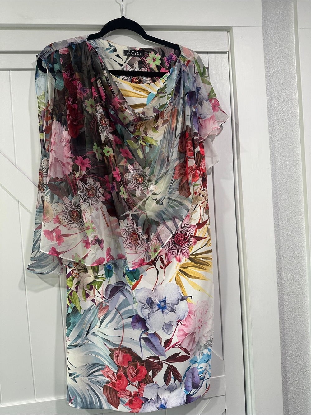 Floral Midi Dress with Sheer Draped Overlay - Multicolor